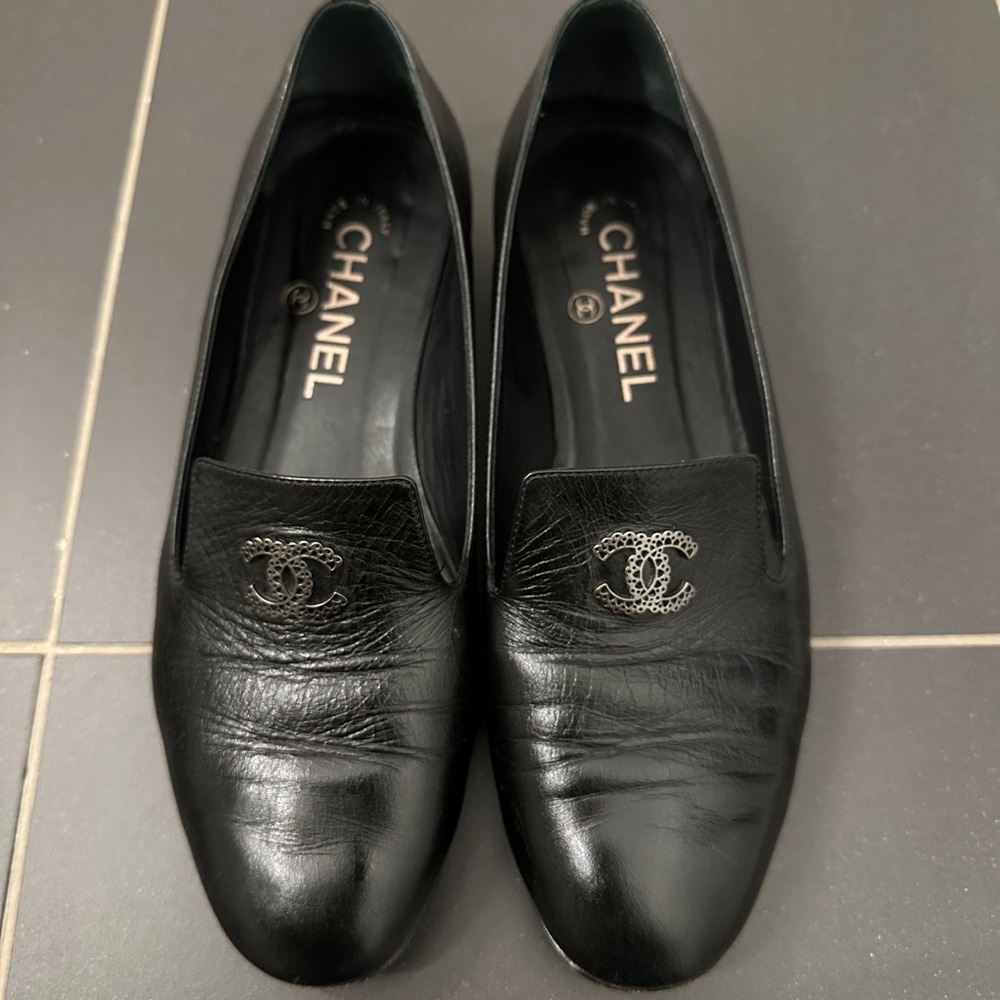 CHANEL Black Leather Loafer Shoes